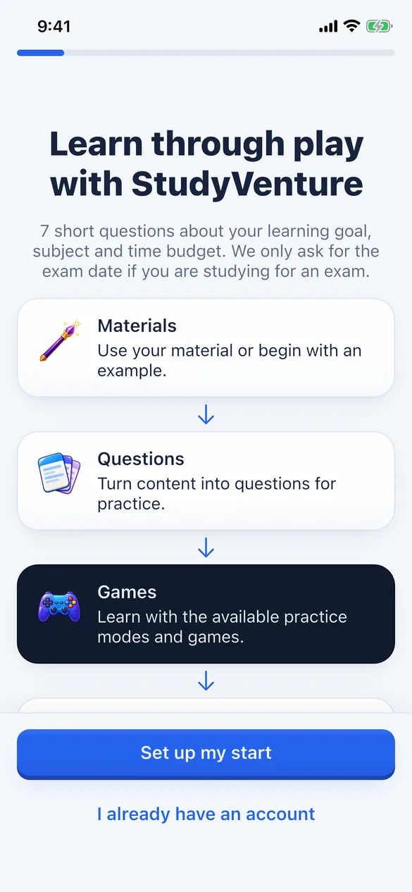 Getting-started screen of the app with the four stations from material to progress
