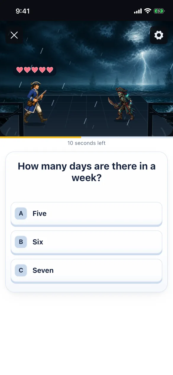 A running Storm Surge round in the app with a question on the game stage